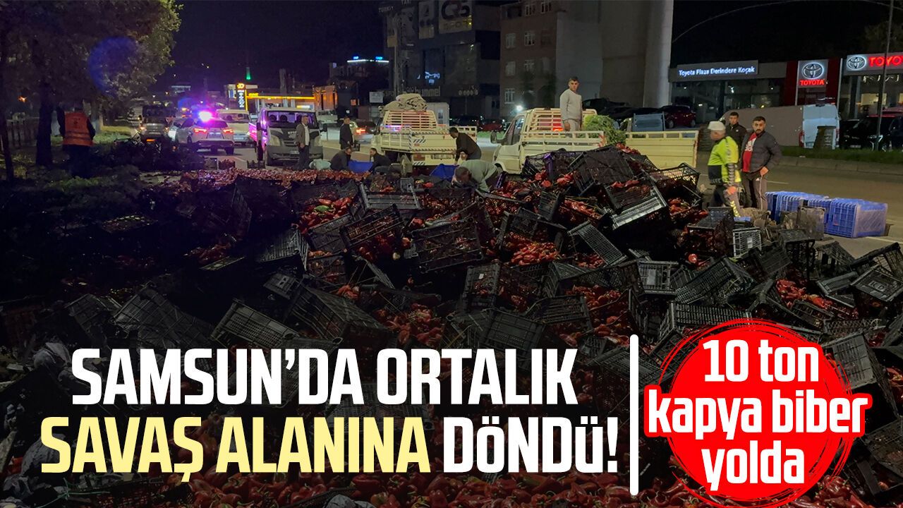 Samsun'da devrilen kamyondaki 10 ton kapya biber yola saçıldı