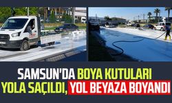 Samsun'da boya kutuları yola saçıldı, yol beyaza boyandı