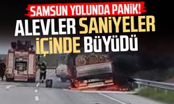 Seyir halindeki tomruk yüklü kamyon alevlere teslim oldu