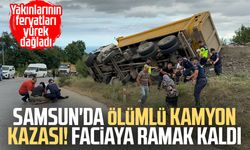 Devrilen taş yüklü kamyonun sürücüsü öldü, savrulan taşlar evin duvarını yıktı