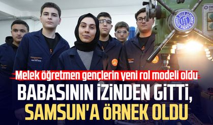 Kadın öğretmen torna tezgahında öğrencilerine üretimi öğretiyor