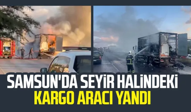 Samsun'da seyir halindeki kargo aracı yandı