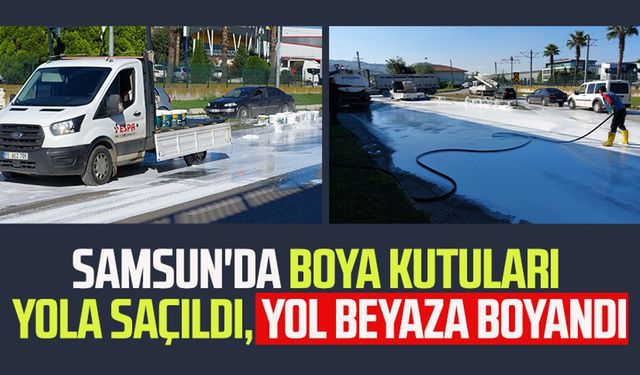 Samsun'da boya kutuları yola saçıldı, yol beyaza boyandı