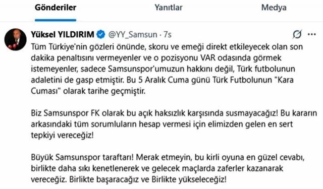 Yüksel Yıldırım: "Samsunspor asla kimseye diz çökmez ve çökmeyecek"