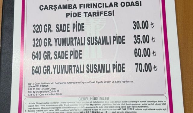 Çarşamba'da pide fiyatları belli oldu