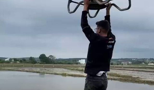 Çeltik tarlasında tehlikeli yolculuk: Drona asılıp uçtu