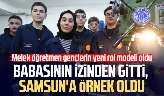 Kadın öğretmen torna tezgahında öğrencilerine üretimi öğretiyor