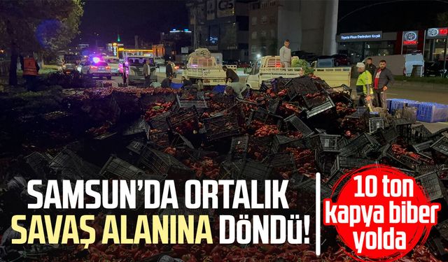 Samsun'da devrilen kamyondaki 10 ton kapya biber yola saçıldı