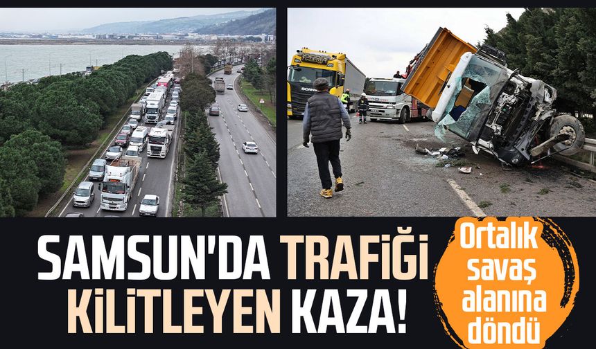 Samsun'da hafriyat kamyonu refüje daldı, sürücü yaralandı