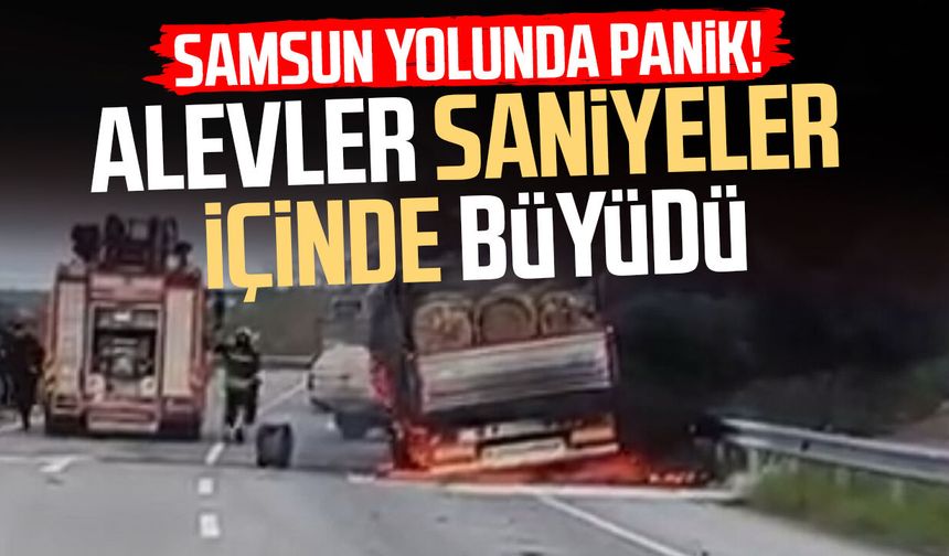 Seyir halindeki tomruk yüklü kamyon alevlere teslim oldu