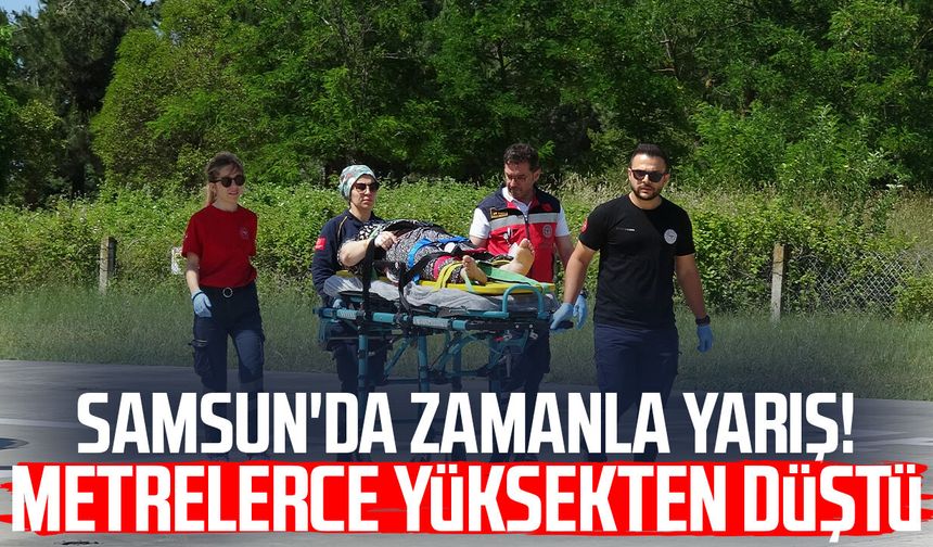 Yüksekten düşen kadının imdadına ambulans helikopter yetişti